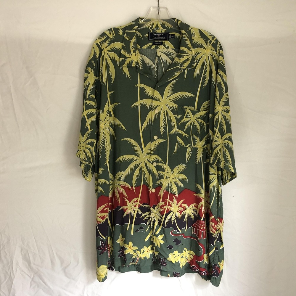 VTG Polo Sport Ralph Lauren Shirt Mens 2XL Hawaiian Button Front Rayon - FLAW